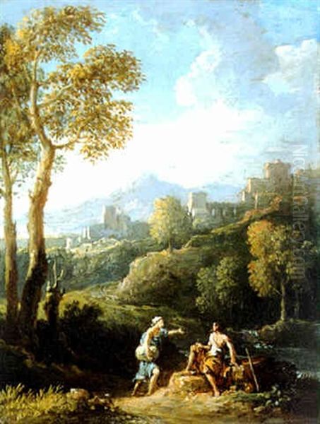 A Mountainous River Landscape With Travellers Conversing On A Path Oil Painting by Jan Frans van Bloemen