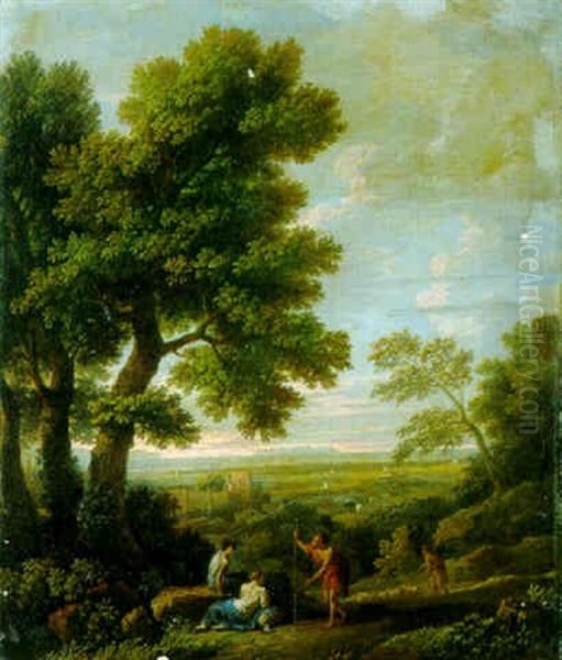 A Wooded Landscape With Peasants Resting On The Crest Of A Hill Oil Painting by Jan Frans van Bloemen