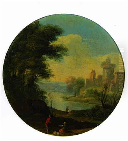 A River Landscape With Travellers Conversing On A Track, A Castle Beyond by Jan Frans van Bloemen