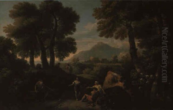 Classical Landscape With Figures Conversing On A Path Oil Painting by Jan Frans van Bloemen