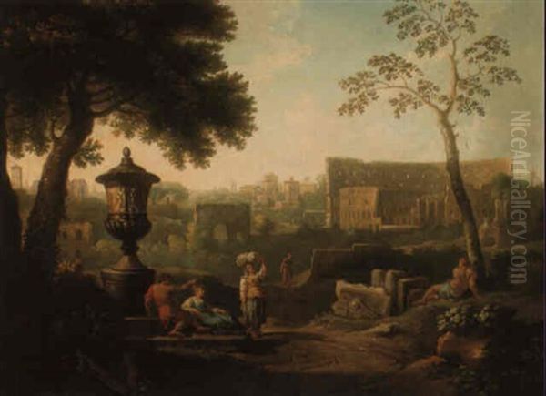 A View Of Rome With The Colosseum And The Arch Of Constantine Oil Painting by Jan Frans van Bloemen