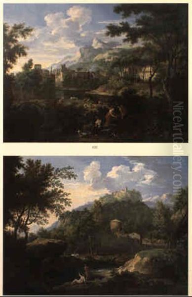 An Italianate Landscape With Classical Figures By A Village Oil Painting by Jan Frans van Bloemen