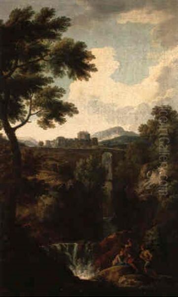 Shepherds By A Torrent With Mansion On Hilltop And Bridge Beyond Oil Painting by Jan Frans van Bloemen