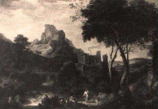 Figures In A Mountainous River Landscape Before A Villa Oil Painting by Jan Frans van Bloemen