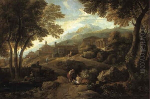 Arcadian Landscape With A Ruined Temple, Hillside Town And Figures Oil Painting by Jan Frans van Bloemen