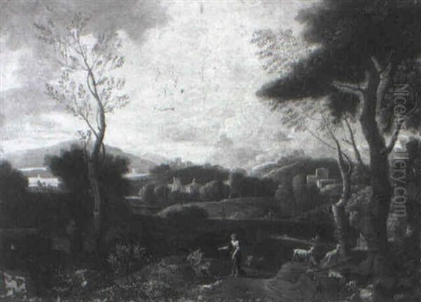 A Classical Landscape With A Shepherd And His Companion Conversing Oil Painting by Jan Frans van Bloemen