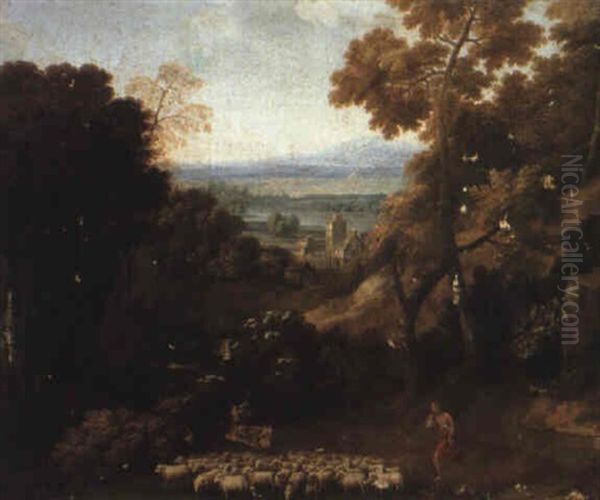 Extensive Italianate Landscape With Shepherd And Flock Oil Painting by Jan Frans van Bloemen