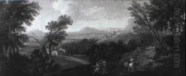 An Extensive Italianate Landscape With Peasants On A Track Oil Painting by Jan Frans van Bloemen