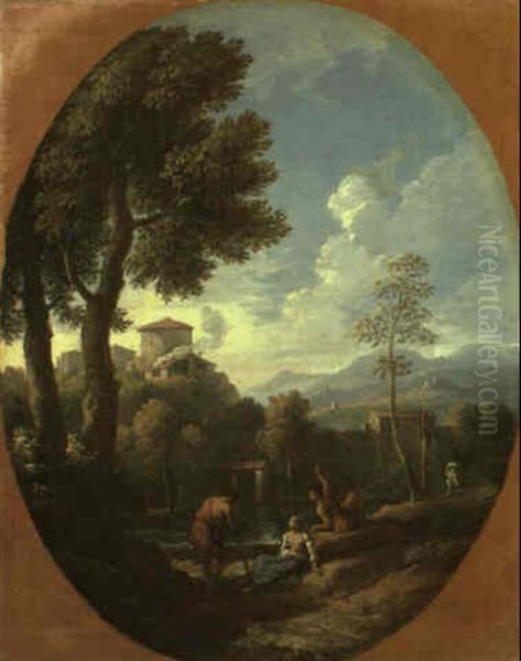 Italianate Landscape With Classical Figures Beside A Lake Oil Painting by Jan Frans van Bloemen