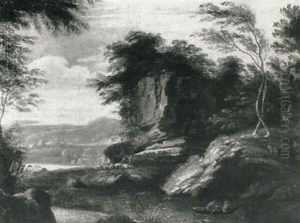 A Rocky Italianate Landscape With Shepherds And Sheep On A  Bank Oil Painting by Jan Frans van Bloemen