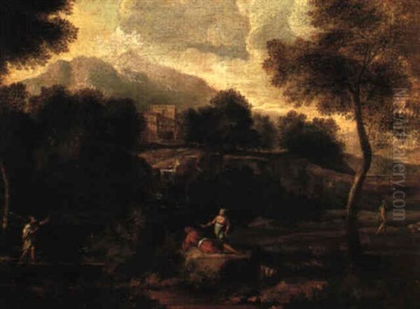 An Italianate River Landscape With Peasants Resting On A    Bank Oil Painting by Jan Frans van Bloemen