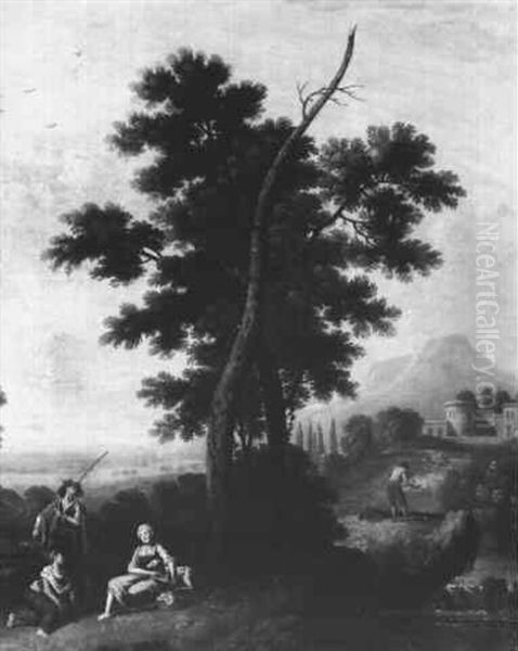 An Italianate Landscape With A Traveller Asking Directions  From Two Peasant Women Before A Tree,.. Oil Painting by Jan Frans van Bloemen