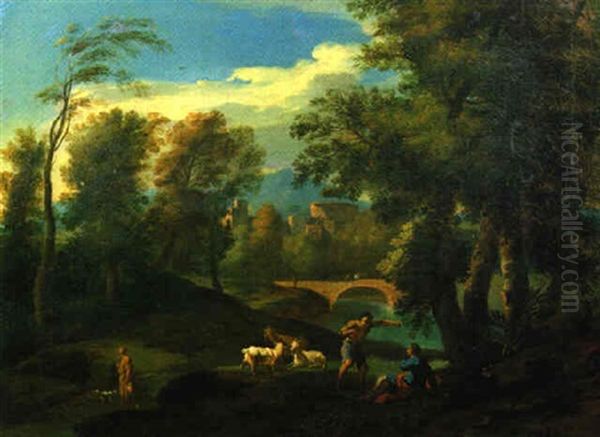 Italienische Flusslandschaft Mit Hirten Oil Painting by Jan Frans van Bloemen