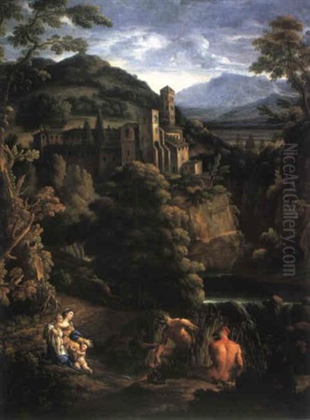 Paesaggio Dei Colli Romani, Cascata E Latona Con I Due      Gemelli Che Trasforma In Rane I Contadini Della Licia... Oil Painting by Jan Frans van Bloemen