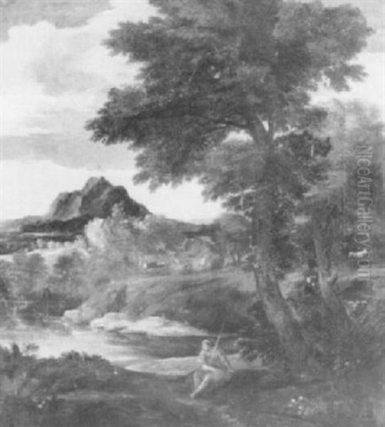 An Italianate Landscape With A Goatherd                     On A Track By A River Oil Painting by Jan Frans van Bloemen