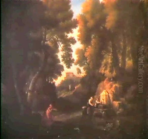 Paysage Avec Deux Femmes Pres D'une Fontaine Oil Painting by Jan Frans van Bloemen