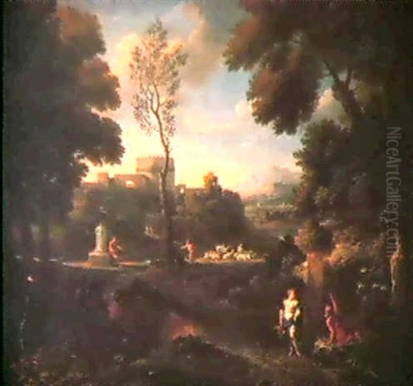 Paysage Avec Une Elegante Femme Et Un Troupeau Dans Le      Lointain Oil Painting by Jan Frans van Bloemen