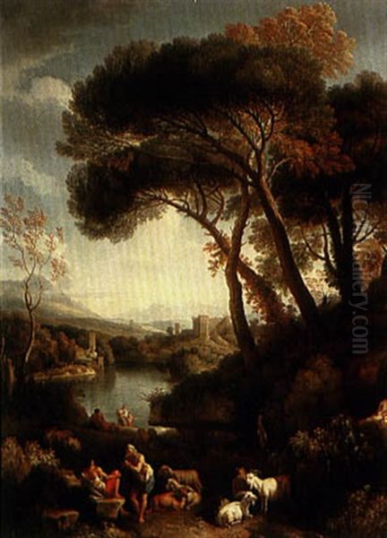 A Classical Landscape With Goatherds Resting Above A River  Valley Oil Painting by Jan Frans van Bloemen