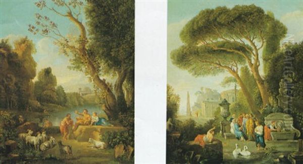 Classical Figures Before A Fountain In An Italianate        Landscape; And Herders Beside A Fountain In An Italianate Oil Painting by Jan Frans van Bloemen