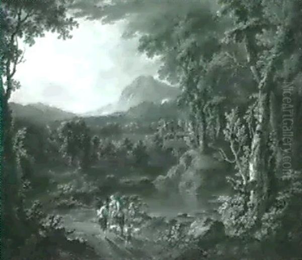 Sudliche Landschaft Mit Reiterin Und Hirten Auf Dem         Weg Am Flub Vorn Oil Painting by Jan Frans van Bloemen