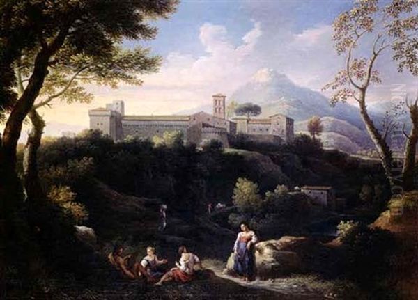 Extensive Southern Landscape With Figures Near A Castle Oil Painting by Jan Frans van Bloemen