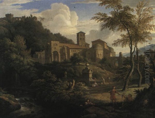 An Italianate Landscape With Fishermen By A Stream Oil Painting by Jan Frans van Bloemen