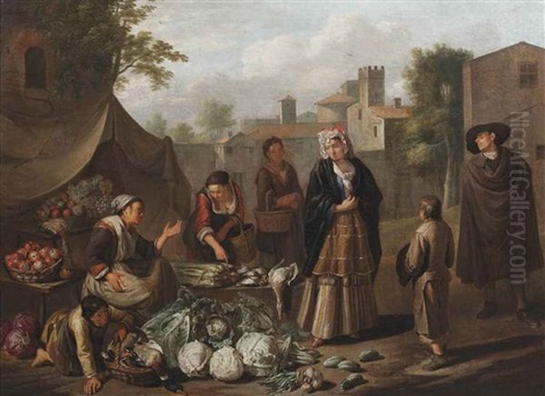 An Italianate Market Scene With A Woman Selling Cabbages, Spring Onions, Apples, Pickles, Ducks And Various Other Vegetables And Poultry, A Town View In The Distance Oil Painting by Norbert van (Cefalus) Bloemen