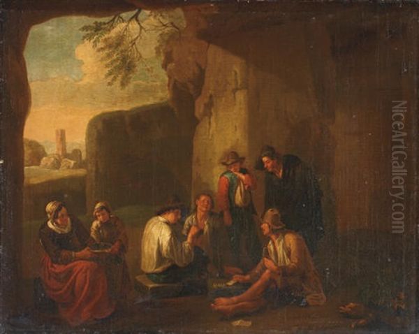 Peasants Playing Cards In A Grotto, Ancient Ruins Beyond Oil Painting by Norbert van (Cefalus) Bloemen