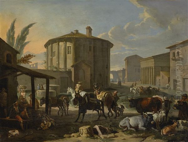 Roman Landscape With Figures And Animals In Front Of The Temple Of Vesta Oil Painting by Pieter van Bloemen