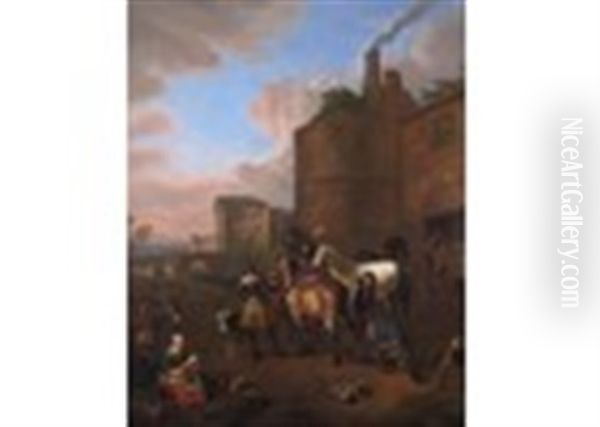 Soldiers With A Blacksmith Shoeing A Horse, A Fort Beyond Oil Painting by Pieter van Bloemen