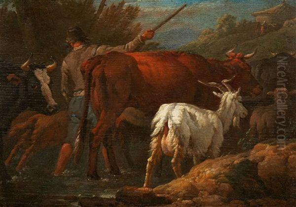 Horses In A Landscape Shepherd With His Flock; Shepherd With His Flock Oil Painting by Pieter van Bloemen