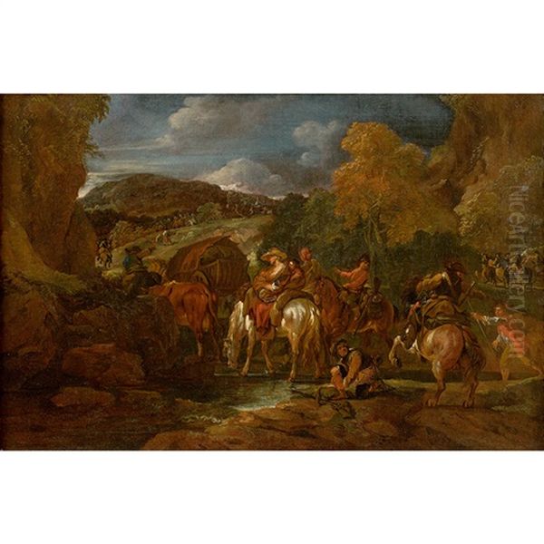 Une Scene De Bivouac Derriere Un Regiment De Cavalerie Oil Painting by Pieter van Bloemen