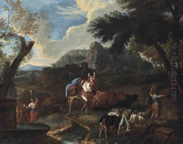 A Classical Landscape With Herdsmen Oil Painting by Pieter van Bloemen