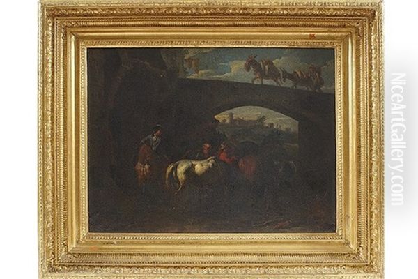 Figures And Horses Under A Low Viaduct By A Forge Oil Painting by Pieter van Bloemen