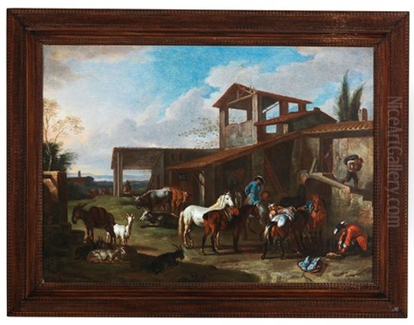 Rider Resting Before A Farmhouse Oil Painting by Pieter van Bloemen