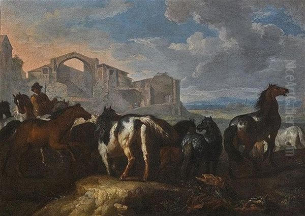 Bauer Mit Pferden In Romischer Ruinenlandschaft Oil Painting by Pieter van Bloemen