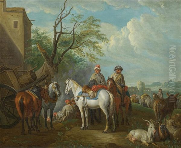 Huntsmen Resting In An Arcadian Landscape Oil Painting by Pieter van Bloemen