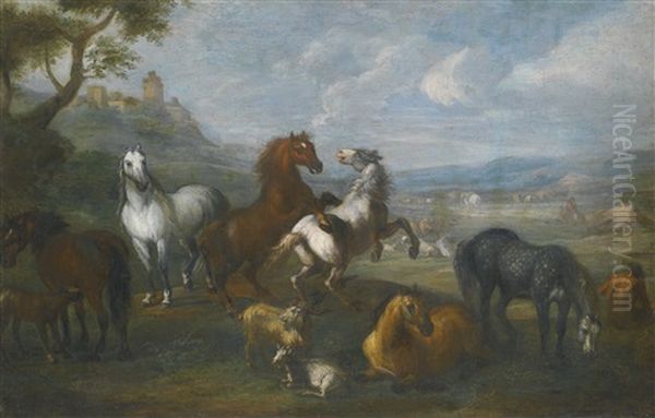 Horses Frolicking In A Pastoral Landscape Oil Painting by Pieter van Bloemen