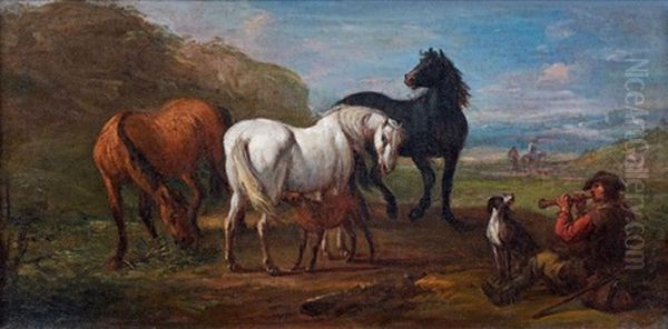 Joueur De Flute Et Chevaux Oil Painting by Pieter van Bloemen