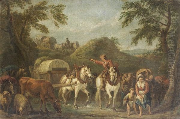 Travellers On Horseback With Cattle And Sheep Oil Painting by Pieter van Bloemen