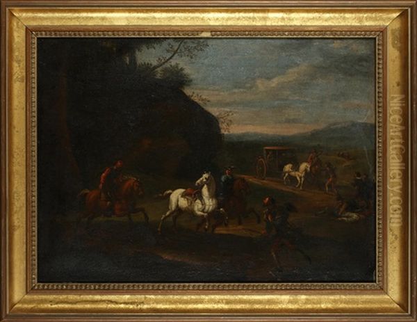 Bandits Attacking A Coach Party, On A Country Path Oil Painting by Pieter van Bloemen