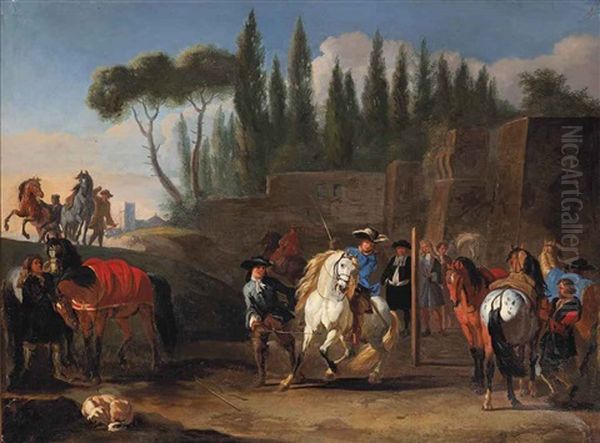 An Italianate Landscape With A White Stallion Being Trained At A Riding School Oil Painting by Pieter van Bloemen