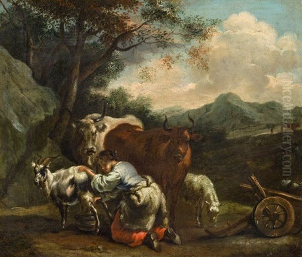 Landschaft Mit Kuhen Und Einer Ziegenmelkenden Hirtin Oil Painting by Pieter van Bloemen