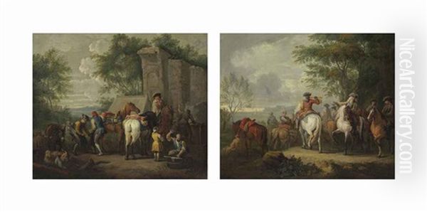 Cavaliers Setting Off On A Journey; And A Military Blacksmith Shoeing Horses By A Ruin (pair) by Pieter van Bloemen