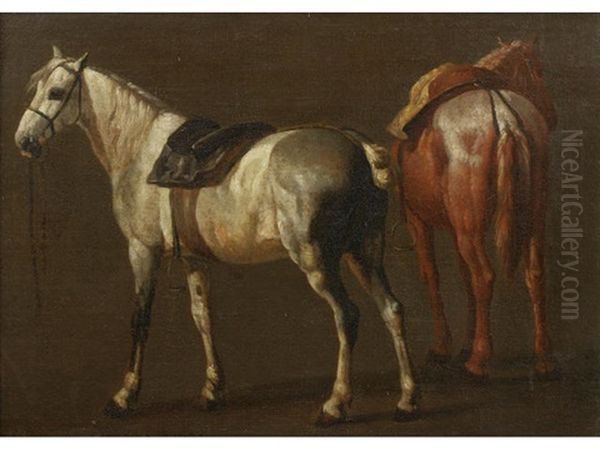 Two Horses Oil Painting by Pieter van Bloemen