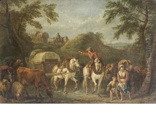 Travellers On Horseback With Cattle And Sheep Oil Painting by Pieter van Bloemen