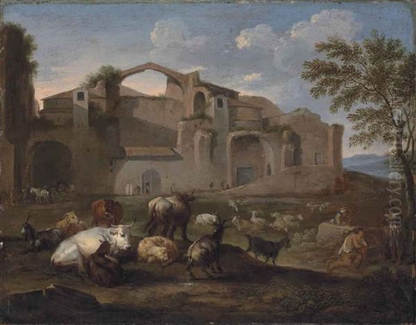 The Baths Of Diocletian, Rome, With Drovers And Their Cattle In The Foreground Oil Painting by Pieter van Bloemen