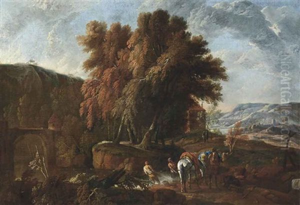 A Rocky River Landscape With Travellers And Their Horses In The Foreground Oil Painting by Pieter van Bloemen