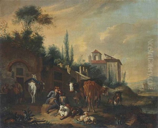 Jeune Berger Devant L'entree D'une Ferme Fortifiee Oil Painting by Pieter van Bloemen