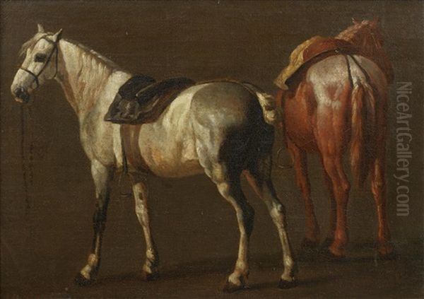 Two Horses Oil Painting by Pieter van Bloemen